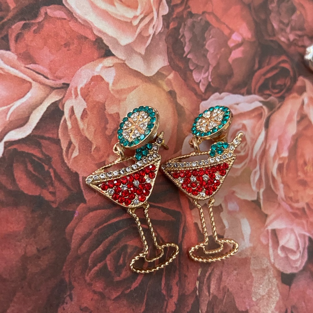 Elegant Cocktail Glass Earrings with Red and Teal Accents